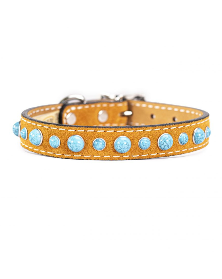 Cabachon Turquoise Dog Collar in Tan Suede (Made in the USA) WALK AUBURN LEATHERCRAFTERS   