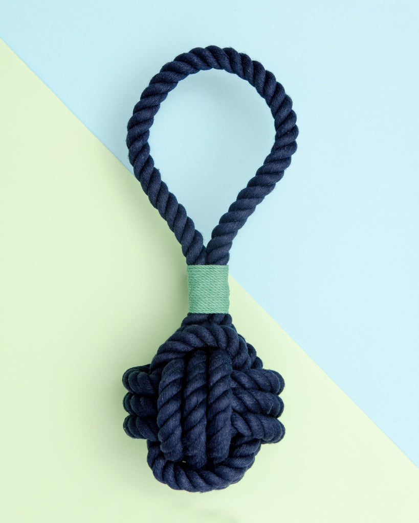 Monkey Fist Rope Dog Toy in Navy with Green Whipping (Made in the USA) Play MYSTIC KNOTWORK   