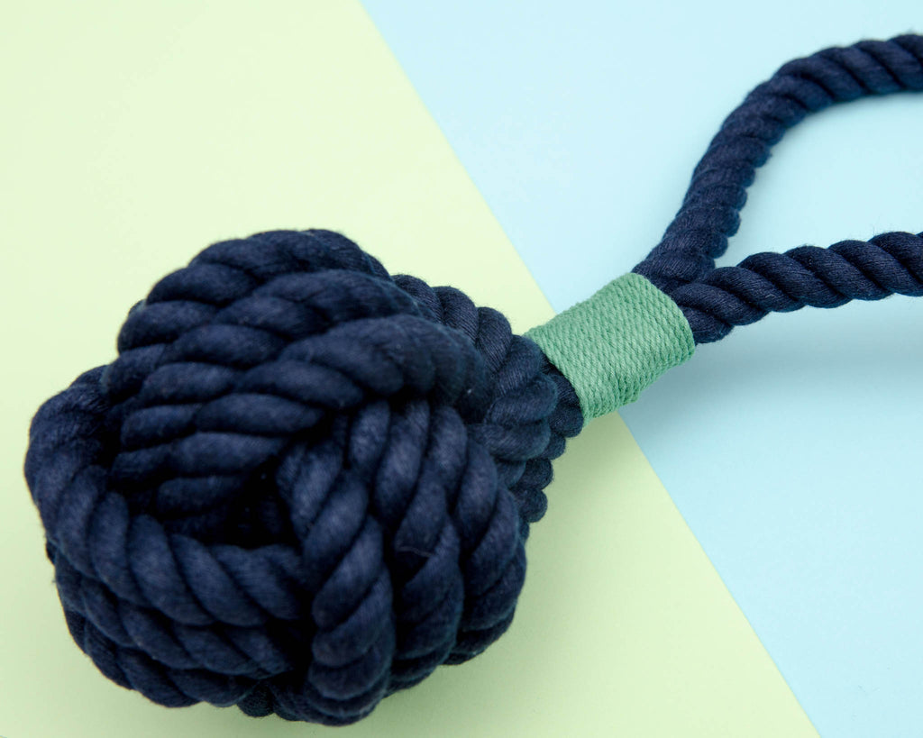 Monkey Fist Rope Dog Toy in Navy with Green Whipping (Made in the USA) Play MYSTIC KNOTWORK   