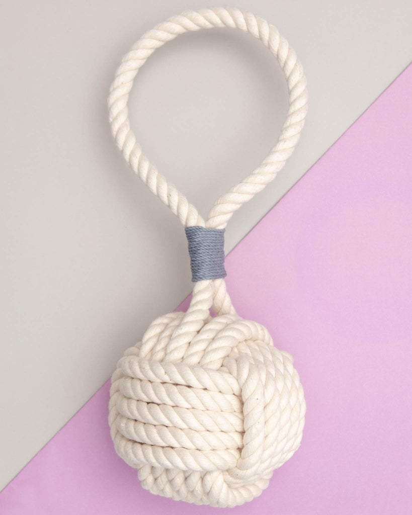 Monkey Fist Rope Dog Toy in White with Grey Whipping (Made in the USA) Play MYSTIC KNOTWORK   