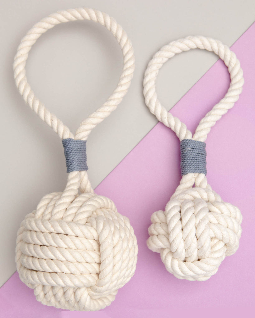 Monkey Fist Rope Dog Toy in White with Grey Whipping (Made in the USA) Play MYSTIC KNOTWORK   