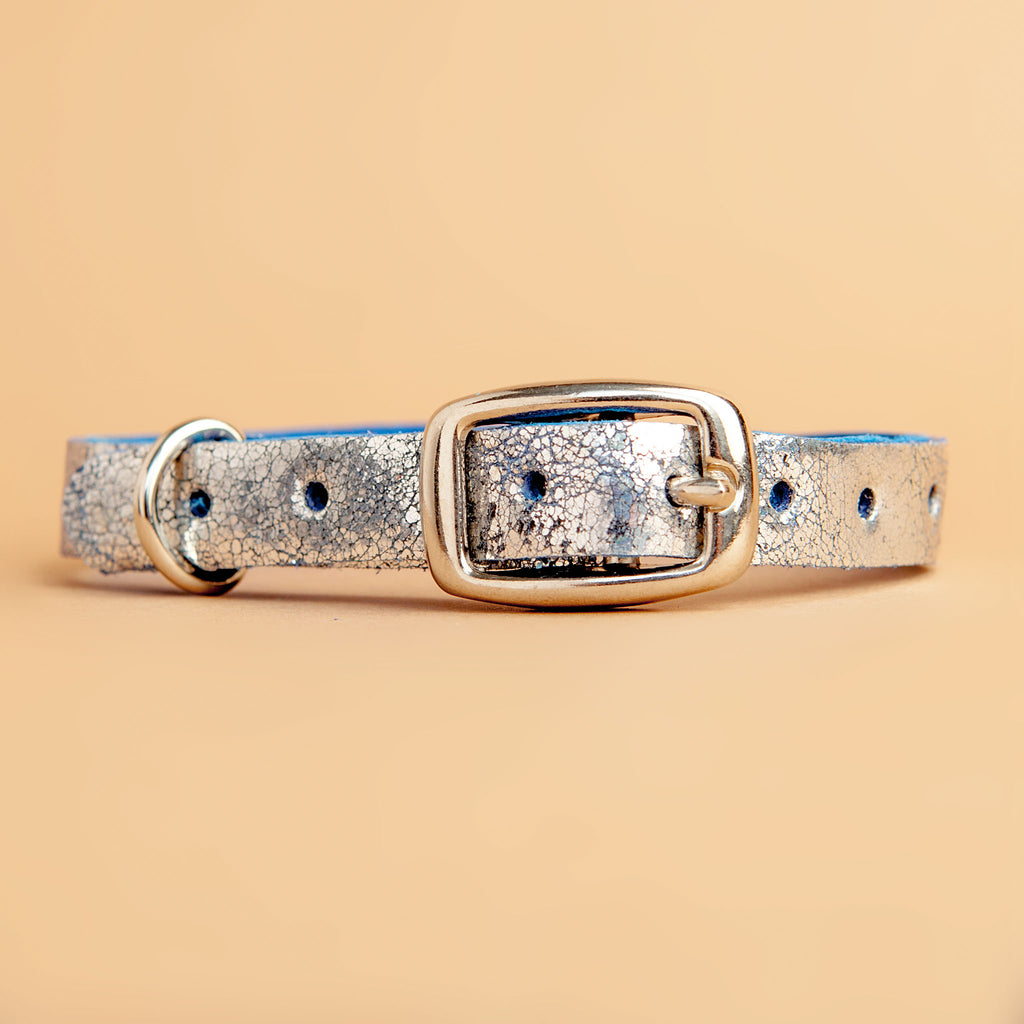 The Cleo Leather Tag Collar in Cobalt Silver Crackle (Dog & Co. Exclusive) WALK TRACEY TANNER   