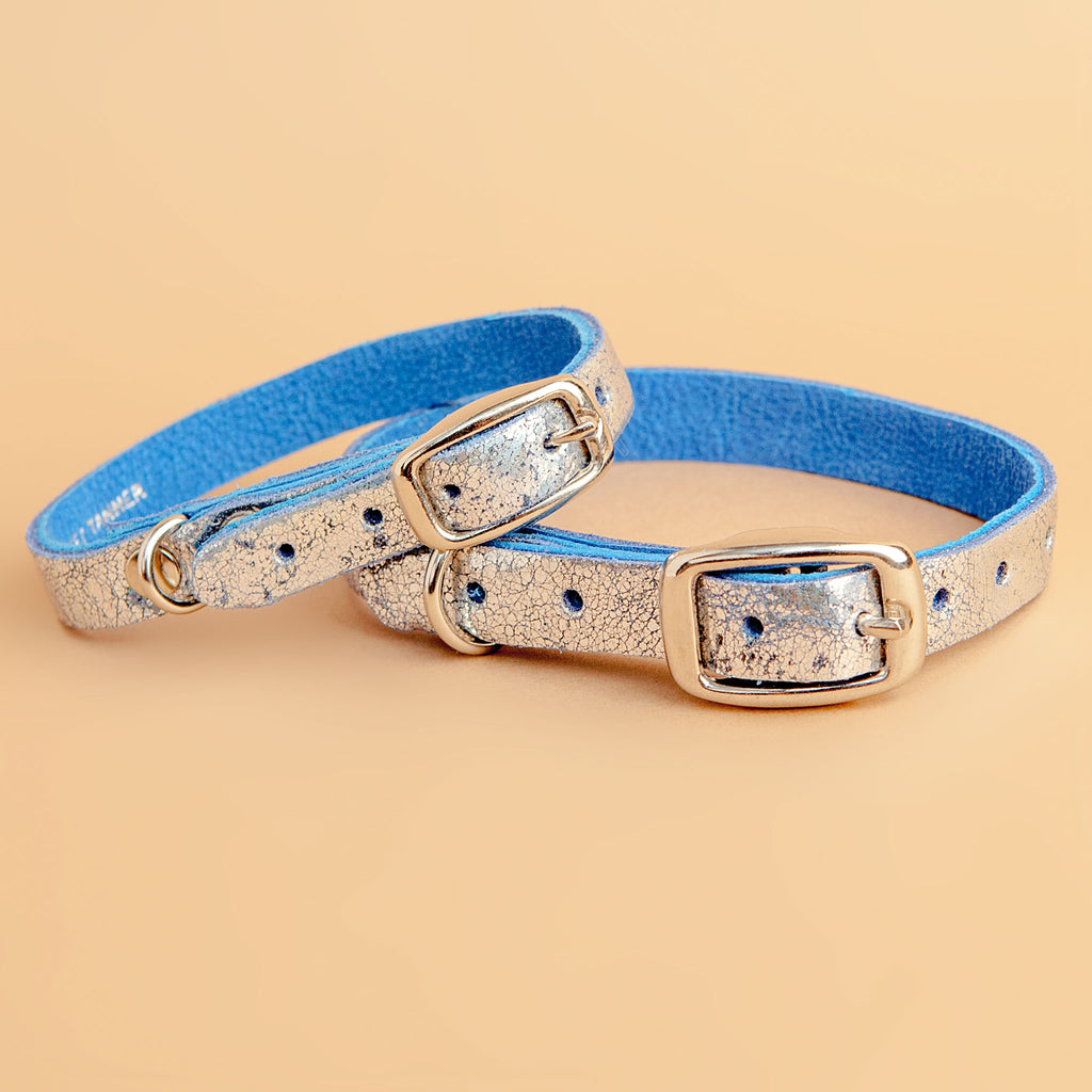 The Cleo Leather Tag Collar in Cobalt Silver Crackle (Dog & Co. Exclusive) WALK TRACEY TANNER   