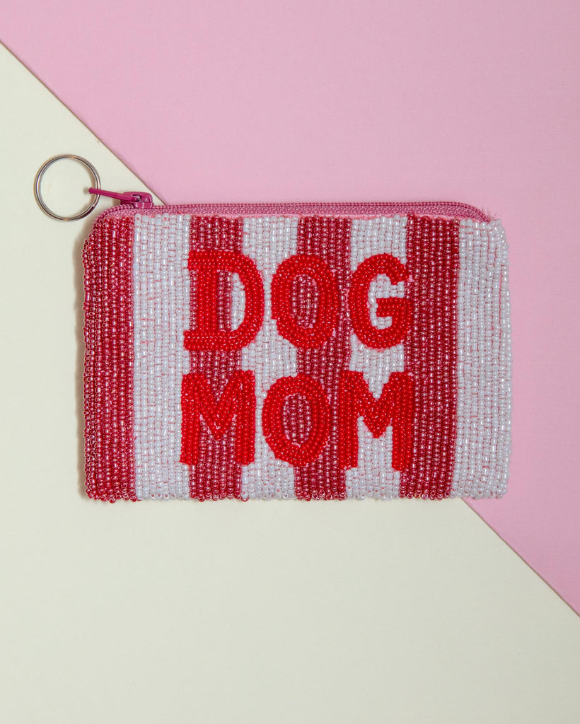 Dog Mom Beaded Coin Purse in Pink & White Stripe Home TIANA   