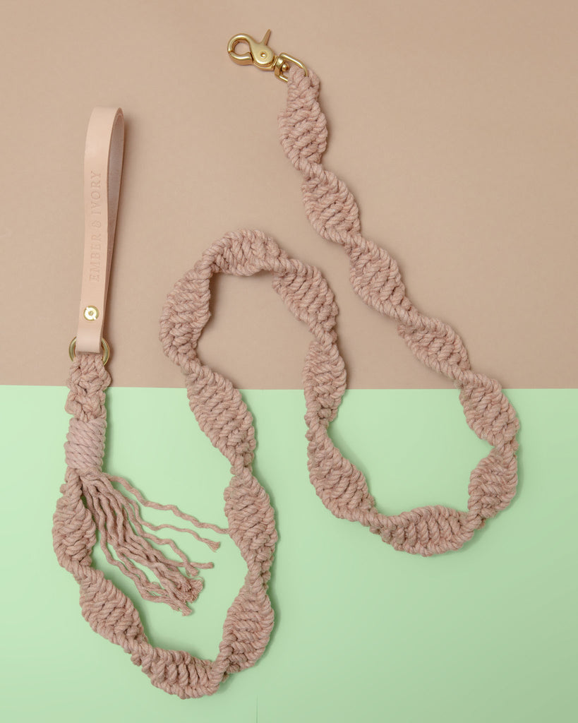 Macrame and Leather Dog Leash in Blush (Made in the USA) WALK EMBER & IVORY   