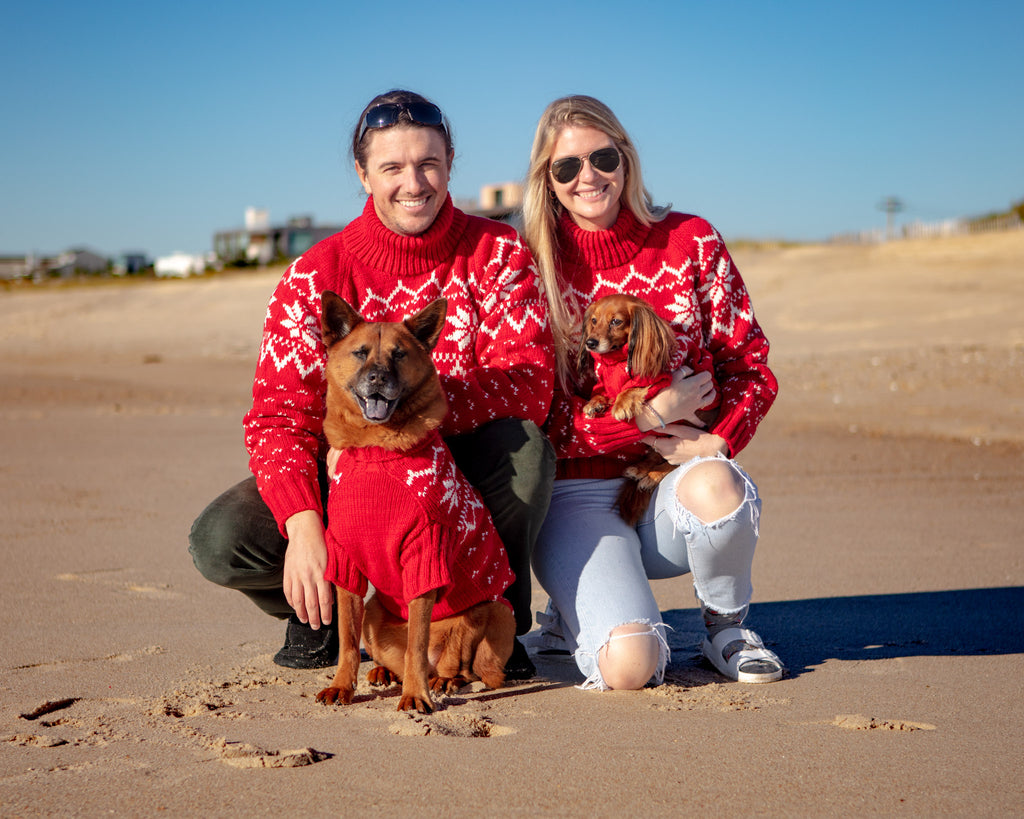 Warm-All-Winter Happy Hand Knit Human Snowflake Sweater in Red (FINAL SALE) Human DOG & CO.   