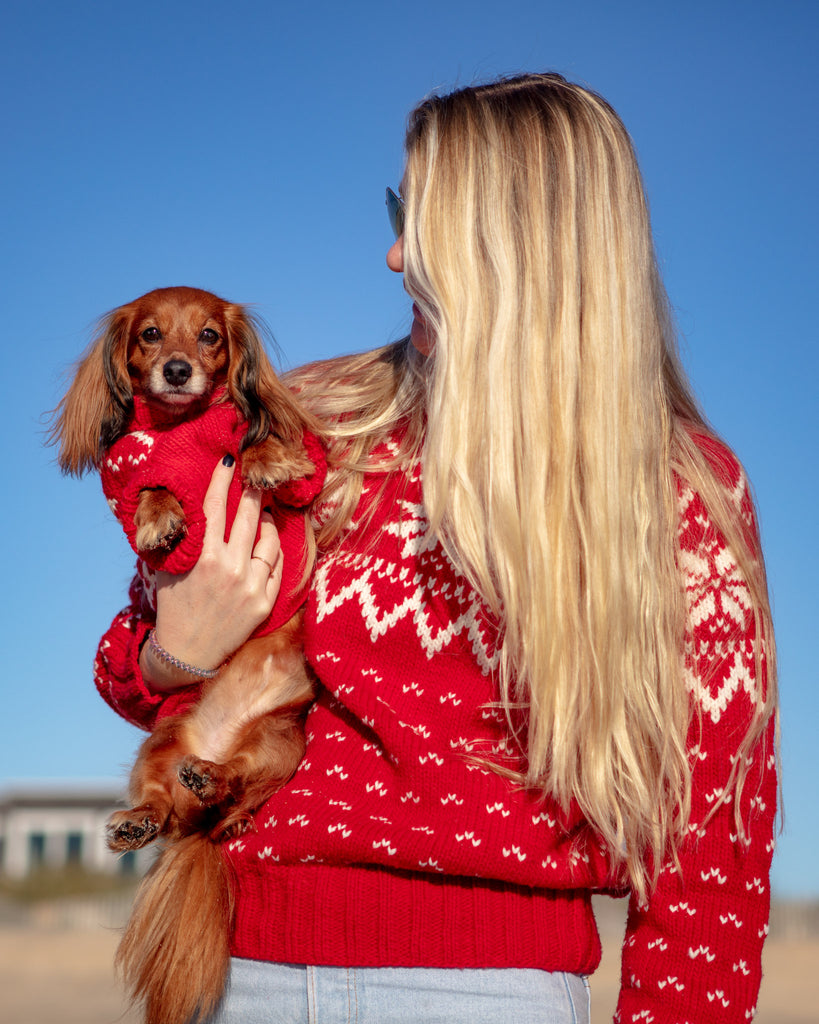 Warm-All-Winter Happy Hand Knit Human Snowflake Sweater in Red (FINAL SALE) Human DOG & CO.   