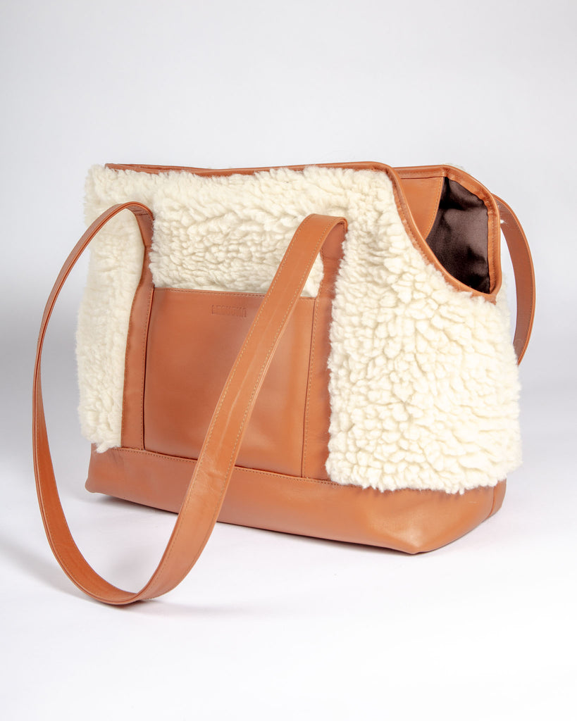 Tan Leather & Cream Shearling Luxe Dog Carrier (Dog & Co. Exclusive) (CLEARANCE) Carry LECUONA x DOG & CO.   