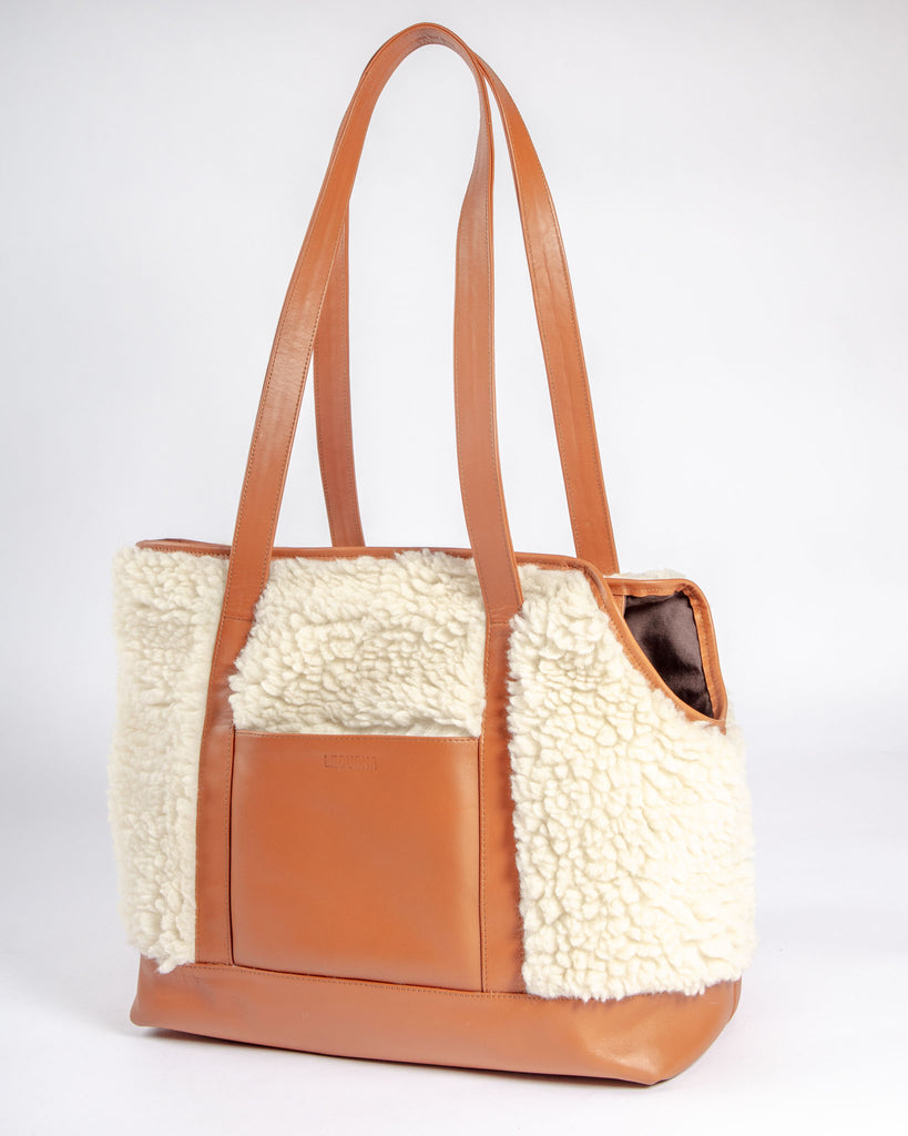 Tan Leather & Cream Shearling Luxe Dog Carrier (Dog & Co. Exclusive) (CLEARANCE) Carry LECUONA x DOG & CO.   