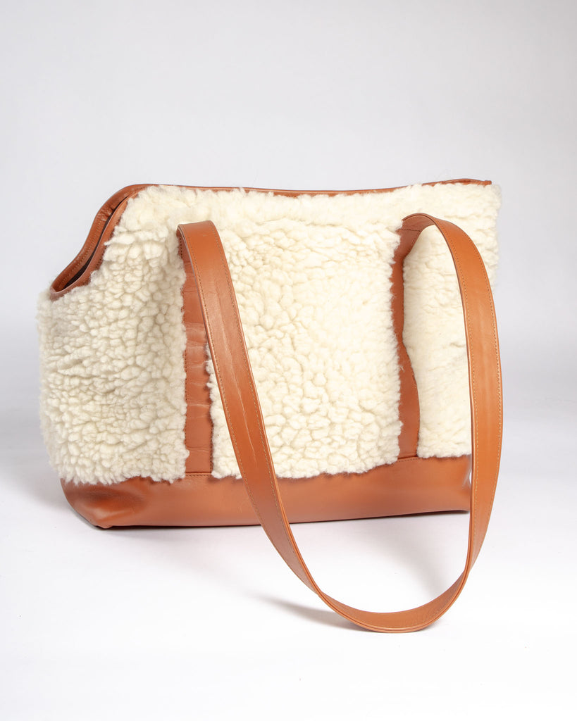 Tan Leather & Cream Shearling Luxe Dog Carrier (Dog & Co. Exclusive) (CLEARANCE) Carry LECUONA x DOG & CO.   