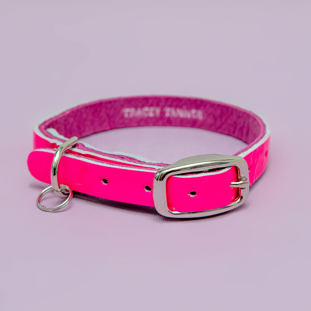 The Cleo Leather Tag Collar in Neon Pink Patent (DOG & CO. Exclusive) WALK TRACEY TANNER   