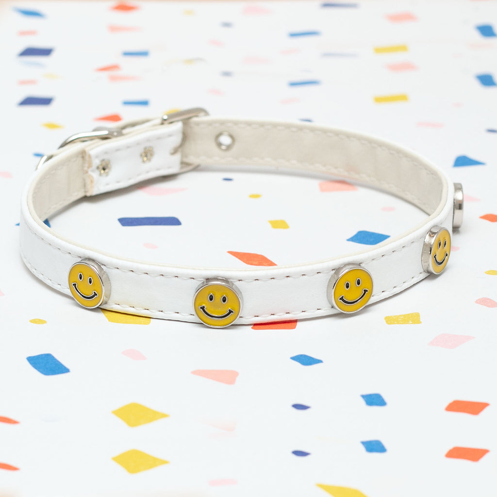 Smiley Face Vegan Leather Dog Collar in White (Made in the USA) WALK BARKWELL   