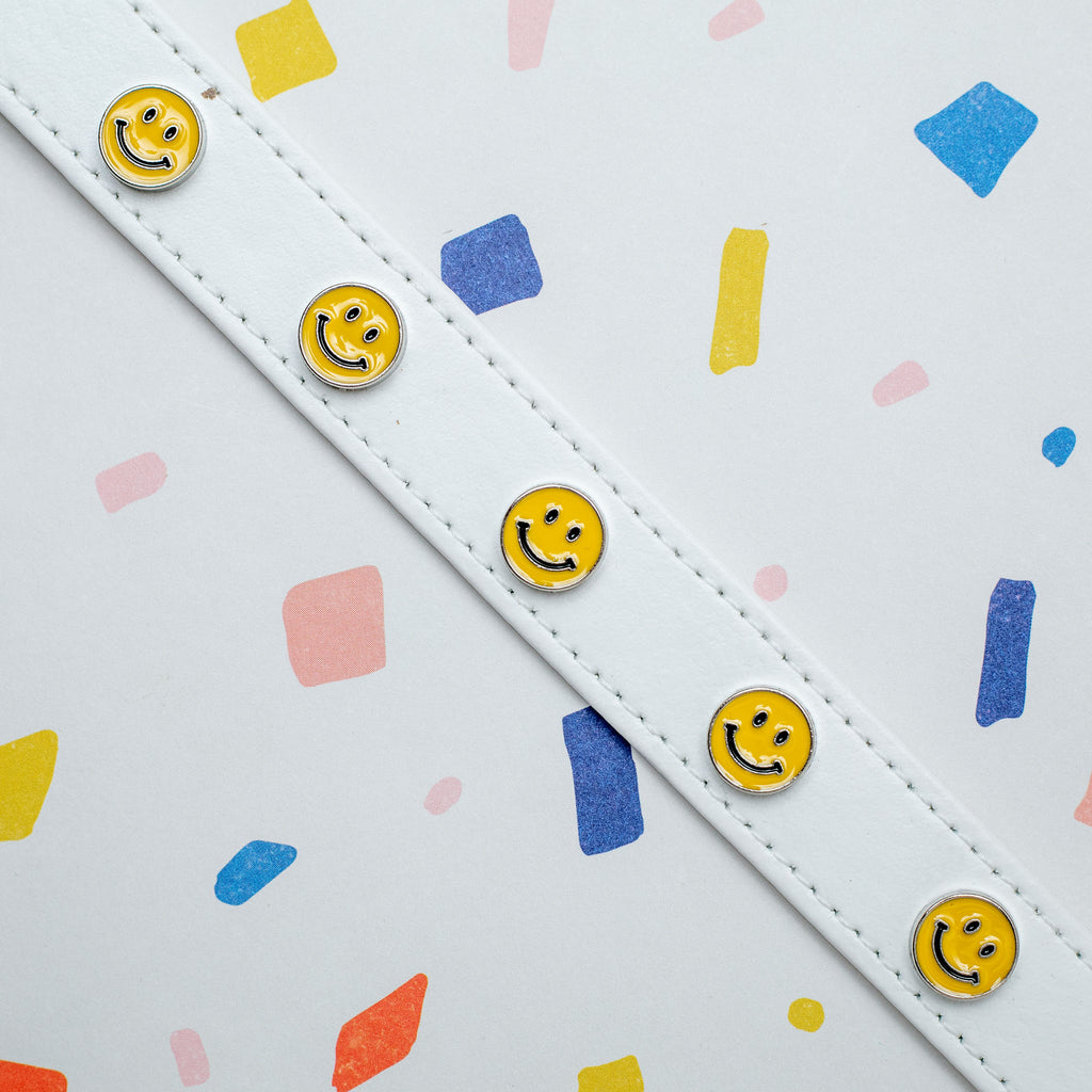 Smiley Face Vegan Leather Dog Collar in White (Made in the USA) WALK BARKWELL   