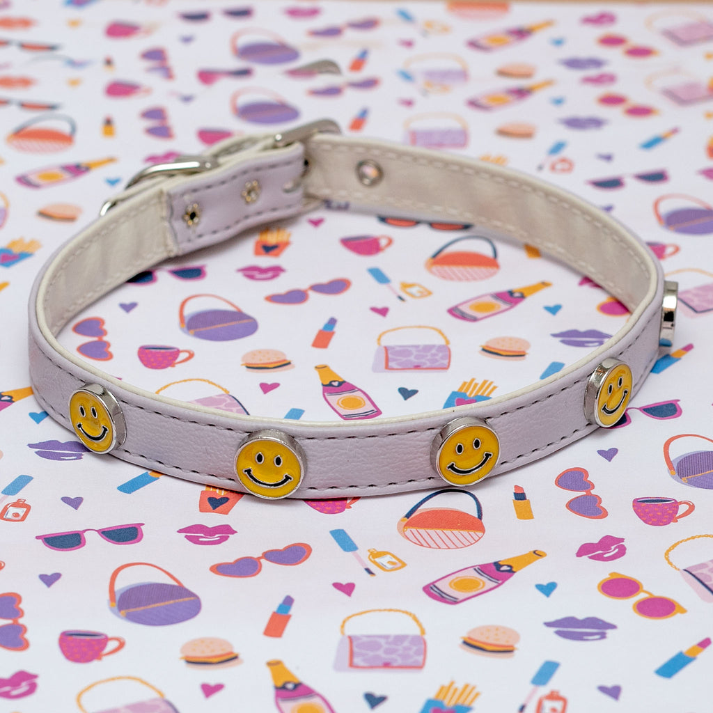Smiley Face Vegan Leather Dog Collar in Lightest Lilac (Made in the USA) << FINAL SALE >> WALK BARKWELL   