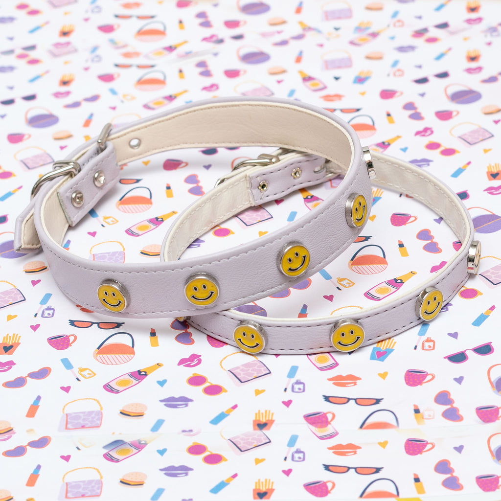 Smiley Face Vegan Leather Dog Collar in Lightest Lilac (Made in the USA) << FINAL SALE >> WALK BARKWELL   