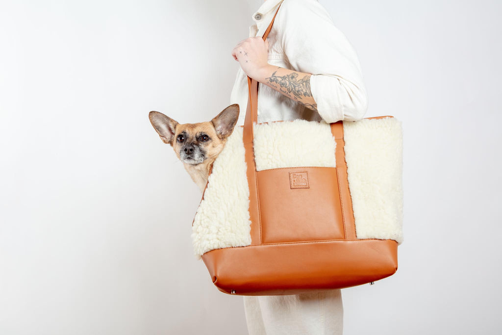 Tan Leather & Cream Shearling Luxe Dog Carrier (Dog & Co. Exclusive) (CLEARANCE) Carry LECUONA x DOG & CO.   