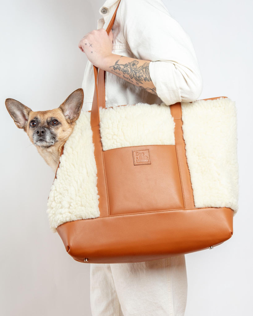 Tan Leather & Cream Shearling Luxe Dog Carrier (Dog & Co. Exclusive) (CLEARANCE) Carry LECUONA x DOG & CO.   