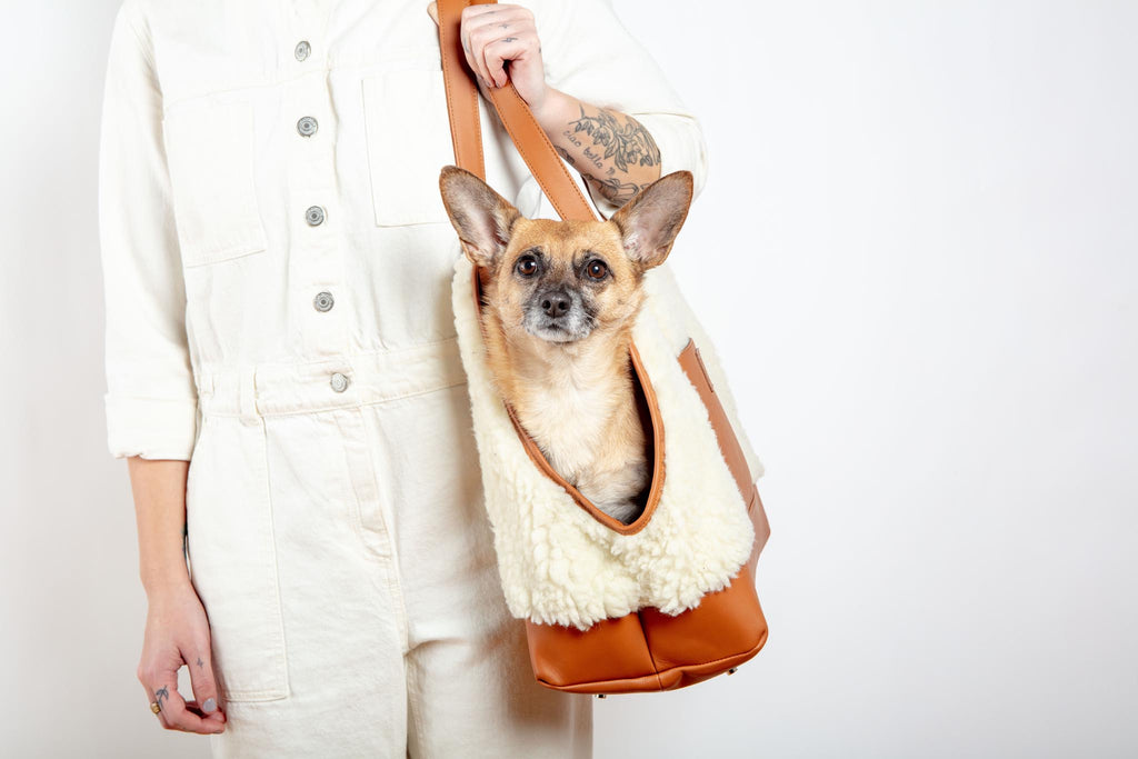 Tan Leather & Cream Shearling Luxe Dog Carrier (Dog & Co. Exclusive) (CLEARANCE) Carry LECUONA x DOG & CO.   