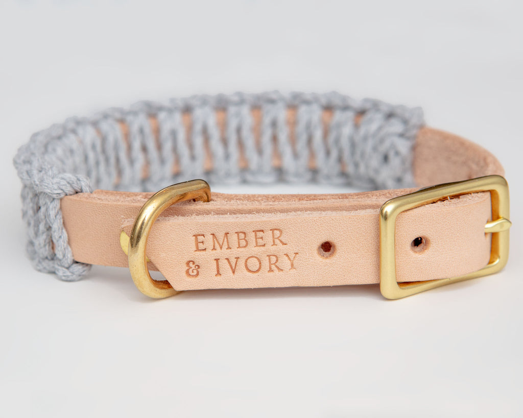 Macrame & Leather Dog Collar in Natural and Grey (Made in the USA) (FINAL SALE) WALK EMBER & IVORY   