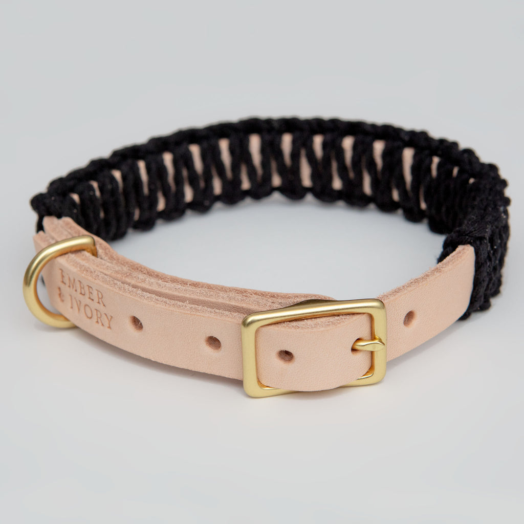 EMBER & IVORY, Macrame & Leather Dog Collar in Black w/ Natural (Made in  the USA)