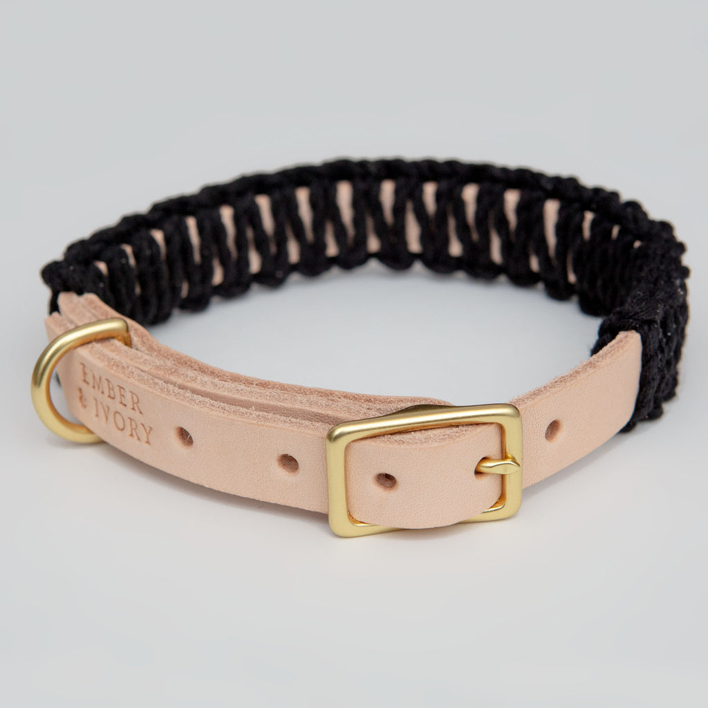 Macrame & Leather Dog Collar in Black w/ Natural (Made in the USA) Dog Collar EMBER & IVORY   