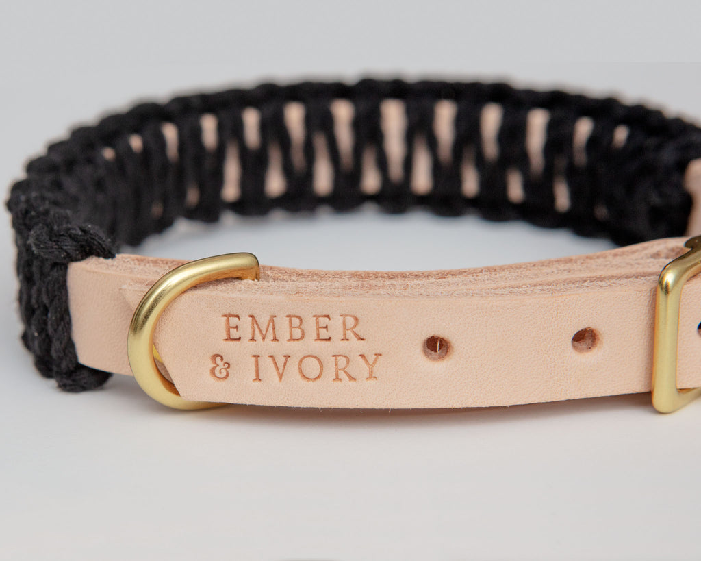 Macrame & Leather Dog Collar in Black w/ Natural (Made in the USA) Dog Collar EMBER & IVORY   