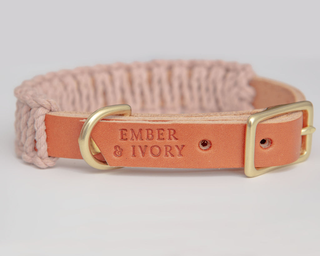 Macrame & Leather Dog Collar in Blush w/ Caramel (Made in the USA) (CLEARANCE) WALK EMBER & IVORY   