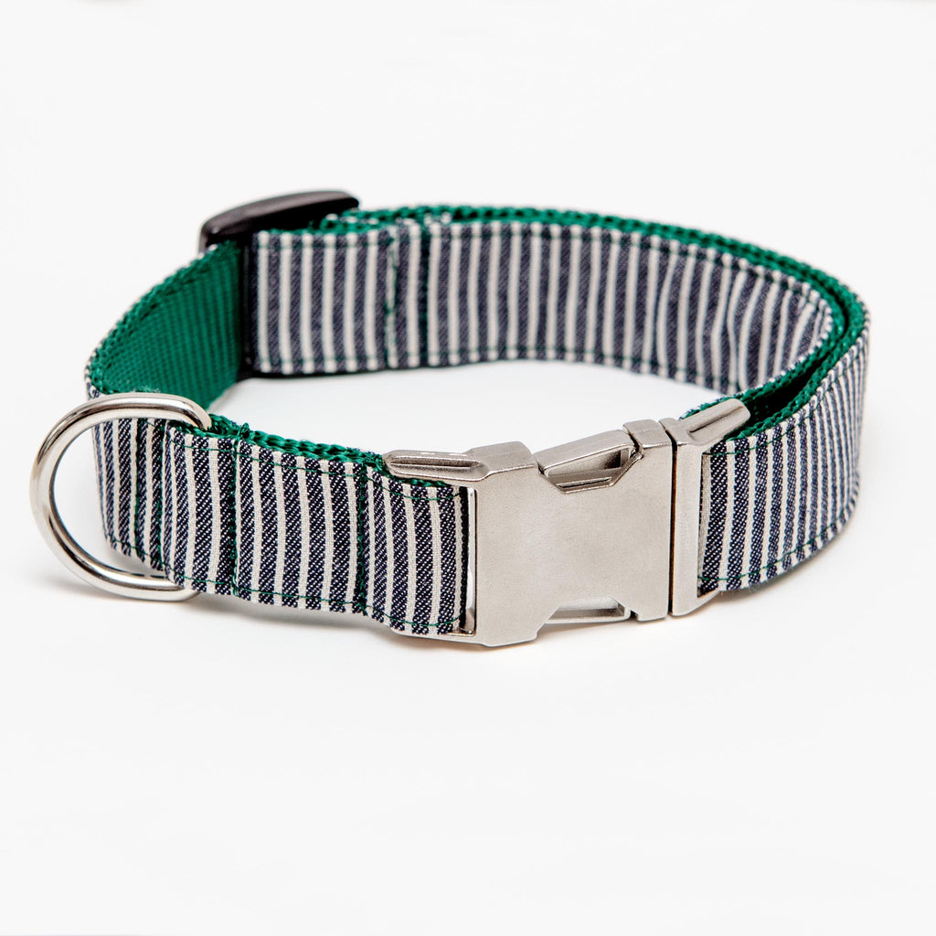 Railroad Canvas Stripe Denim with Forest Green DOG COLLAR (Made in the USA) (FINAL SALE) WALK MIMI GREEN   