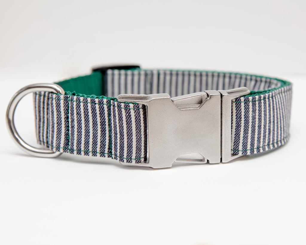 Railroad Canvas Stripe Denim with Forest Green DOG COLLAR (Made in the USA) (FINAL SALE) WALK MIMI GREEN   