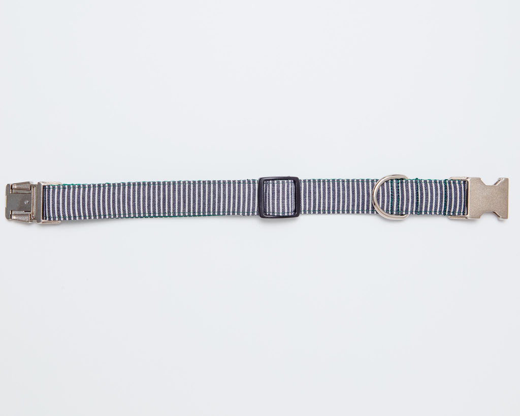 Railroad Canvas Stripe Denim with Forest Green DOG COLLAR (Made in the USA) (FINAL SALE) WALK MIMI GREEN   