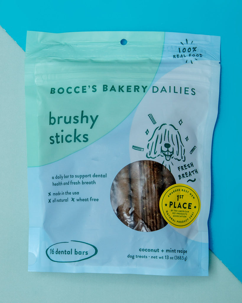 Daily Dental Brushy Sticks for Dogs in Coconut & Mint Recipe Eat BOCCE'S BAKERY   