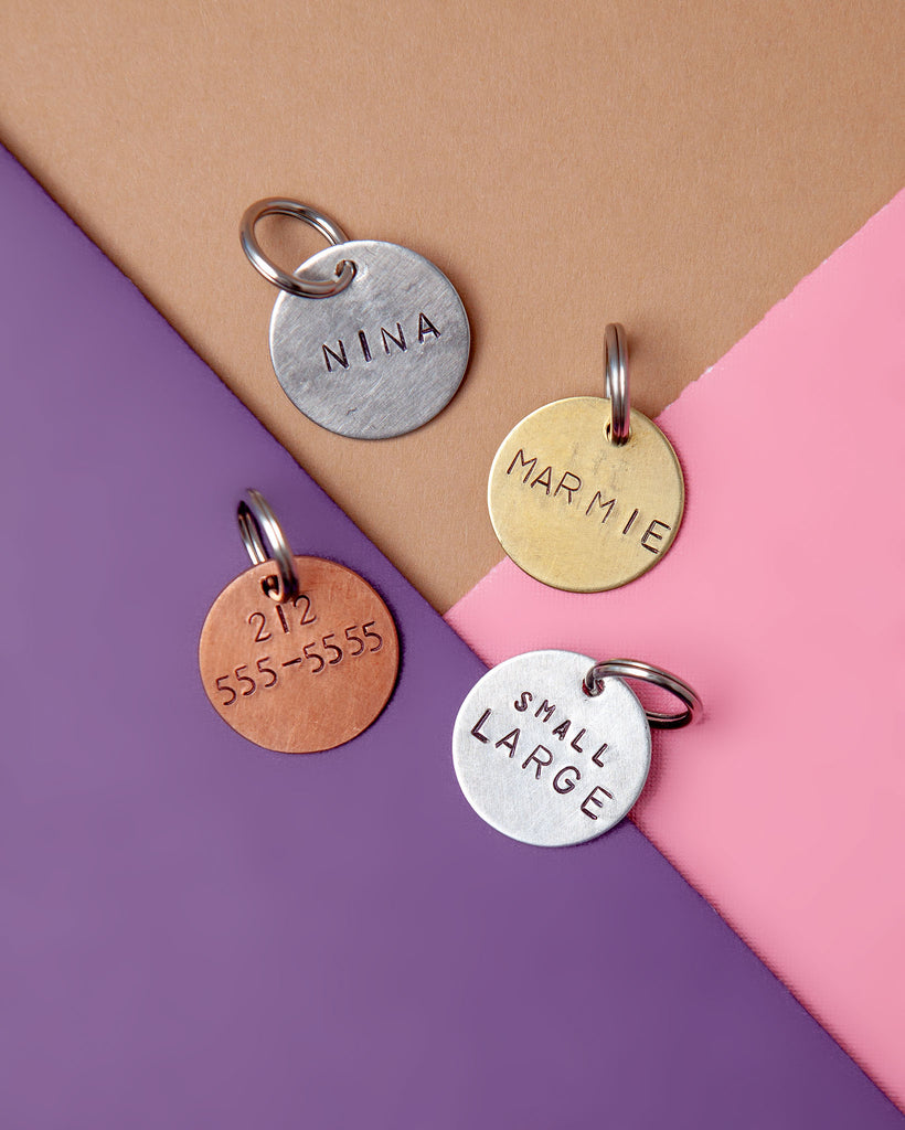 Custom-Stamped Round Pet Name Tag in Copper, Brass, or Aluminum (Custom/Drop-Ship) DROP-SHIP WOWIE GOODS   