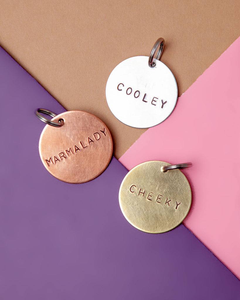 Custom-Stamped Round Pet Name Tag in Copper, Brass, or Aluminum (Custom/Drop-Ship) DROP-SHIP WOWIE GOODS   