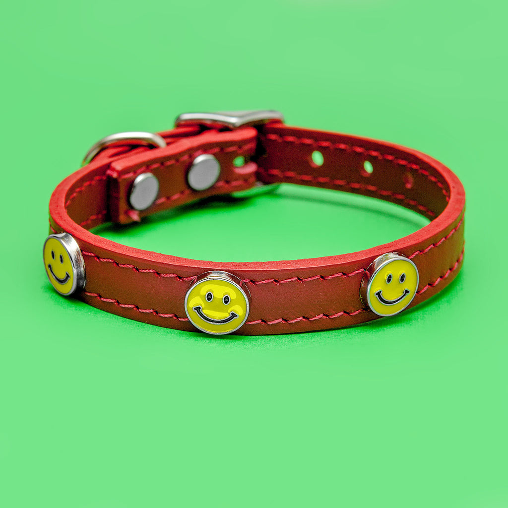 Happy Face Leather Collar in Red WALK DESIGN FOR DOGS   