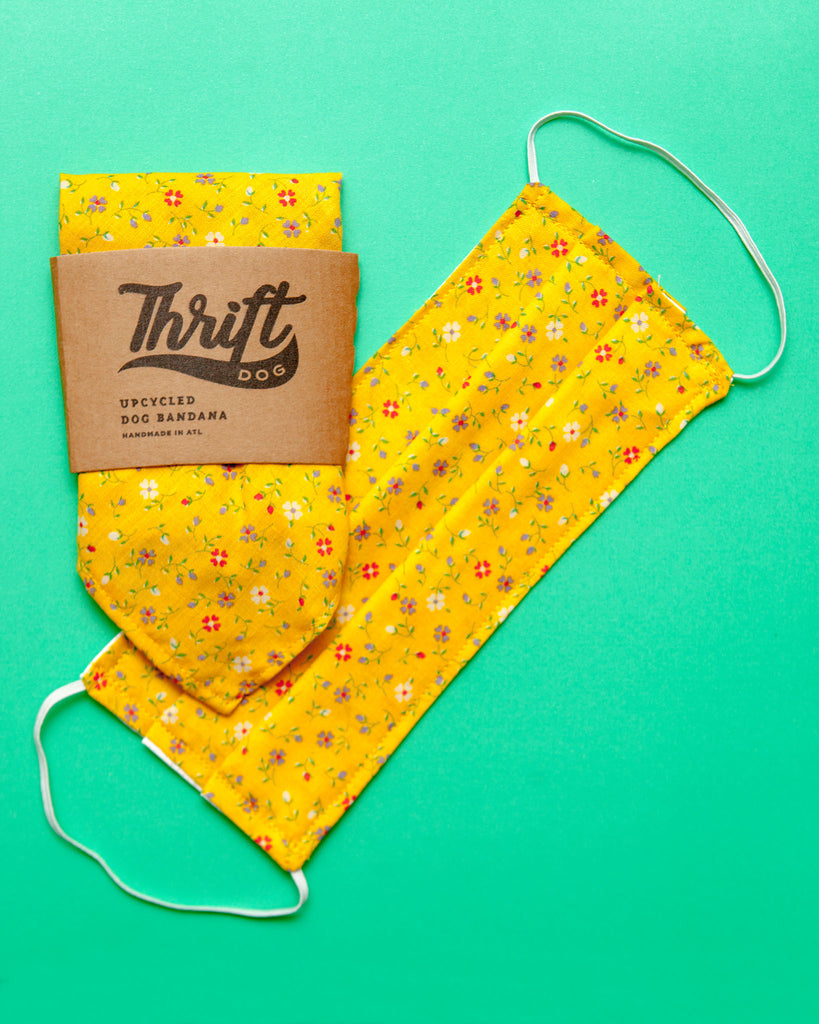 Face Mask & Dog Bandana Set in Yellow Multi Floral Accessories THRIFT DOG   