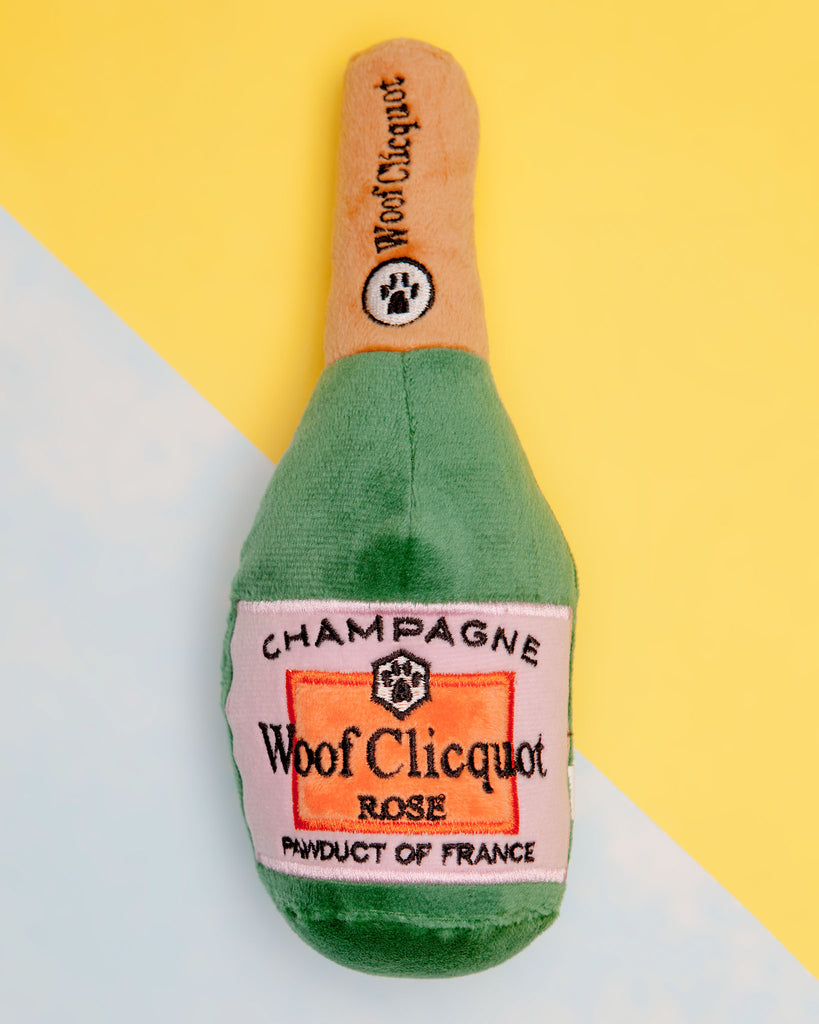 Woof Clicquot Rose' Champagne Bottle Dog Toy Small Woof Clicquot Rose' Champagne Bottle Dog Toy Small