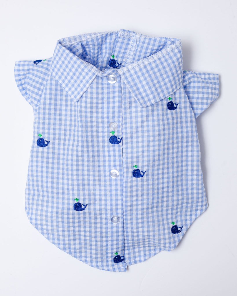 Seersucker Gingham Dog Shirt with Embroidered Whales (FINAL SALE) Apparel THE WORTHY DOG   