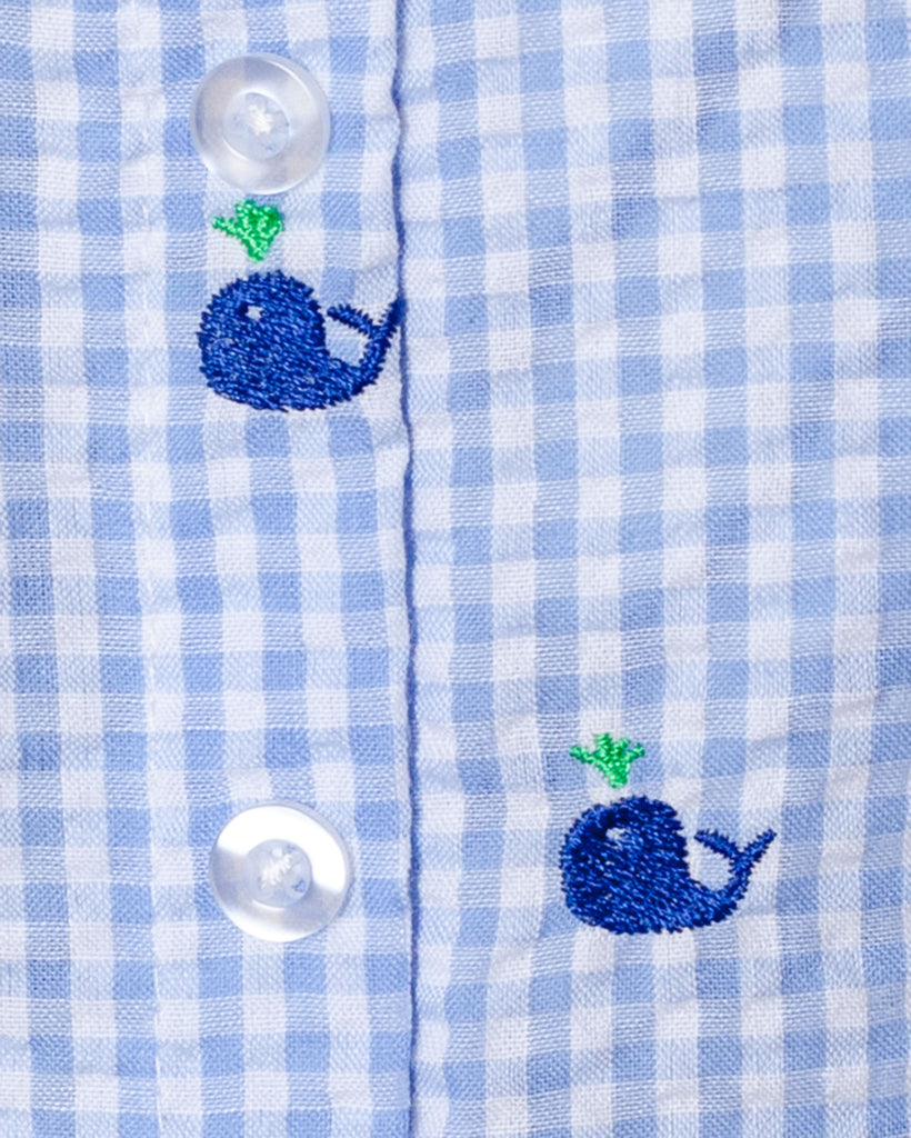 Seersucker Gingham Dog Shirt with Embroidered Whales (FINAL SALE) Apparel THE WORTHY DOG   