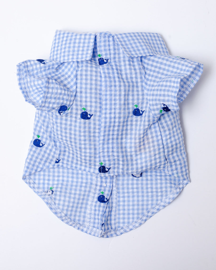 Seersucker Gingham Dog Shirt with Embroidered Whales (FINAL SALE) Apparel THE WORTHY DOG   