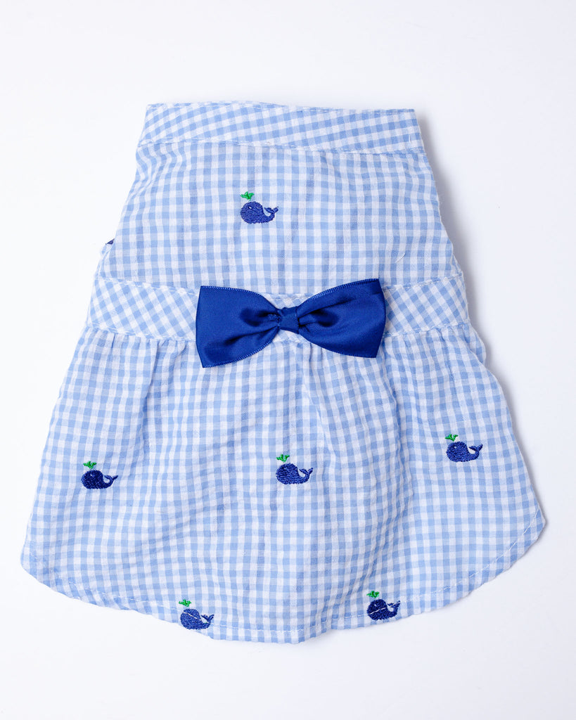 Seersucker Gingham Dog Dress with Embroidered Whales (CLEARANCE) Dog Apparel THE WORTHY DOG   