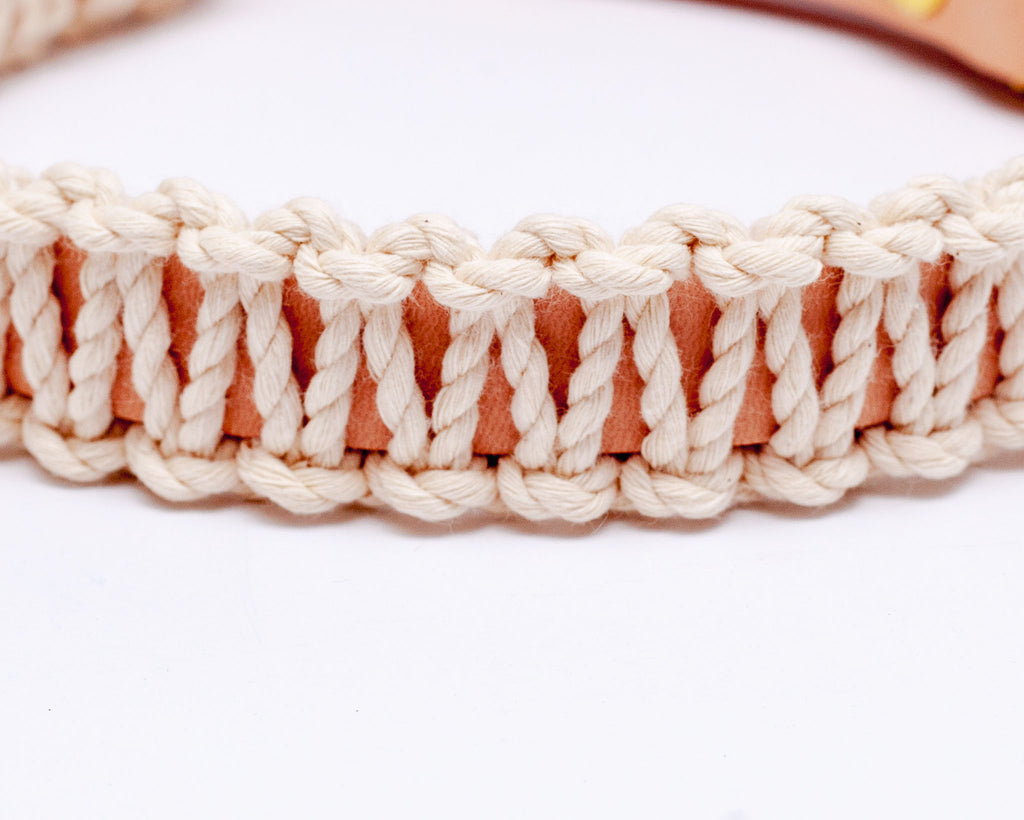 Macrame & Leather Dog Collar in Natural (Made in the USA) (CLEARANCE) WALK EMBER & IVORY   