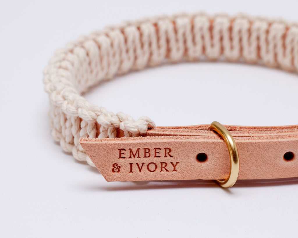 Macrame & Leather Dog Collar in Natural (Made in the USA) Dog Collar EMBER & IVORY   
