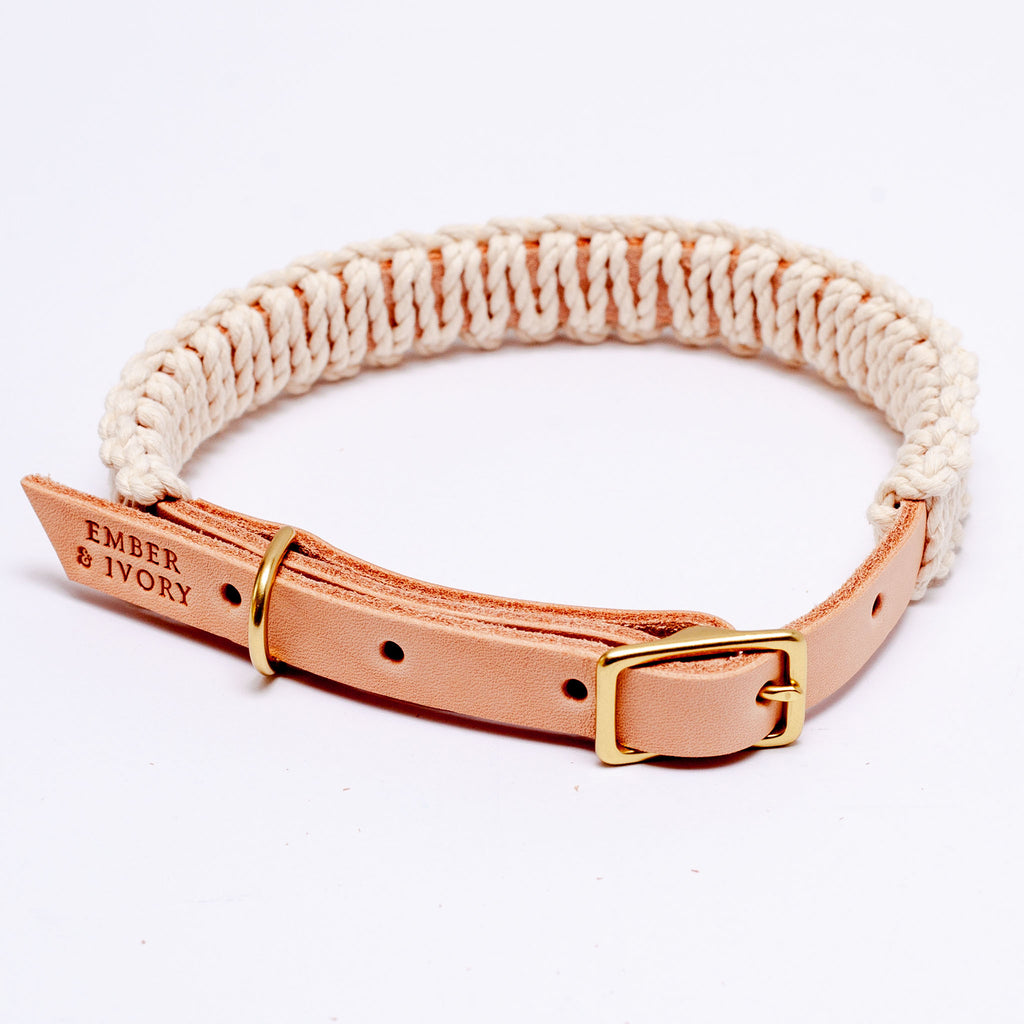 Macrame & Leather Dog Collar in Natural (Made in the USA) Dog Collar EMBER & IVORY   