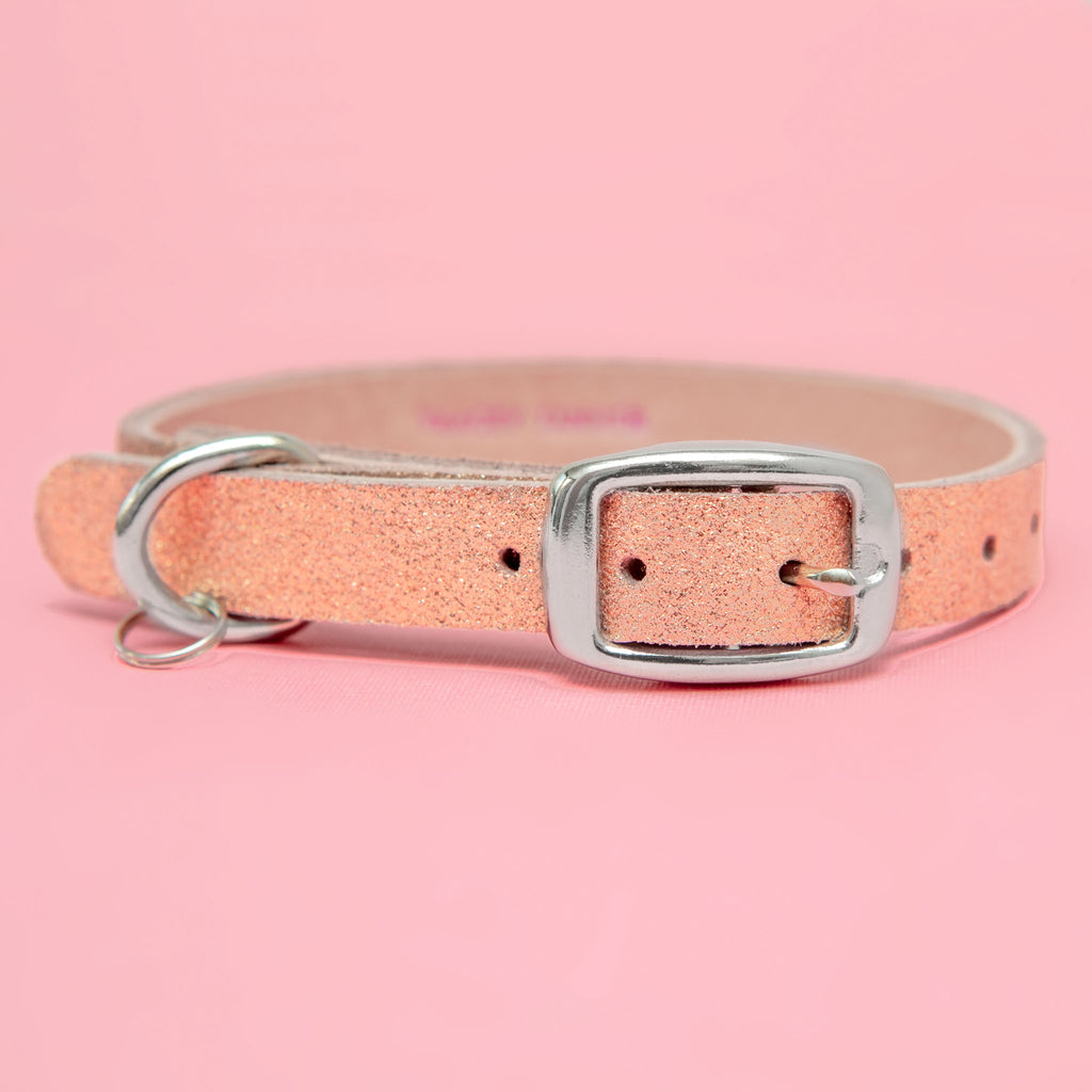 The Cleo Leather Tag Collar in Rose Gold Sparkle (DOG & CO. Exclusive) WALK TRACEY TANNER   