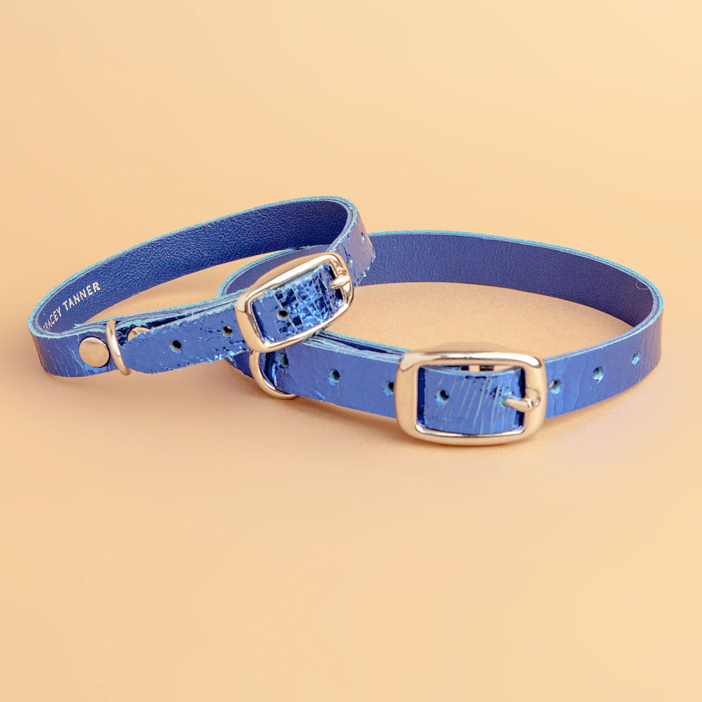 The Cleo Leather Tag Collar in Bold Blue Crackle (Dog & Co. Exclusive) WALK TRACEY TANNER   