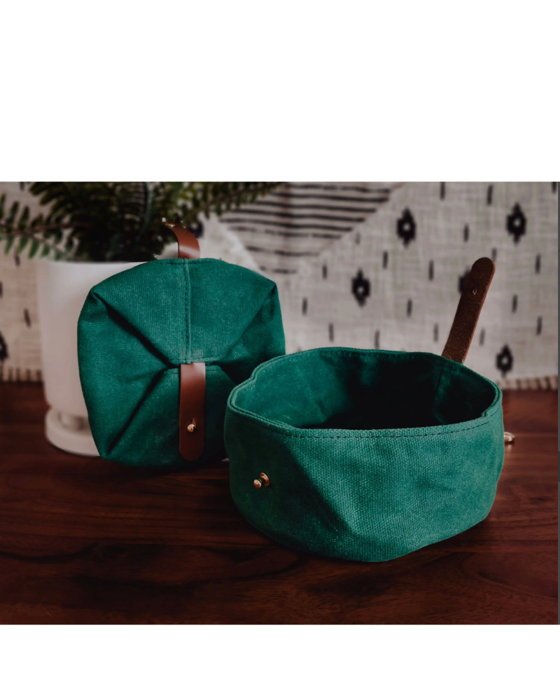 Waxed Canvas and Vegan Leather Dog Travel Bowl in Green<br>(FINAL SALE) Eat FOXMOTH   
