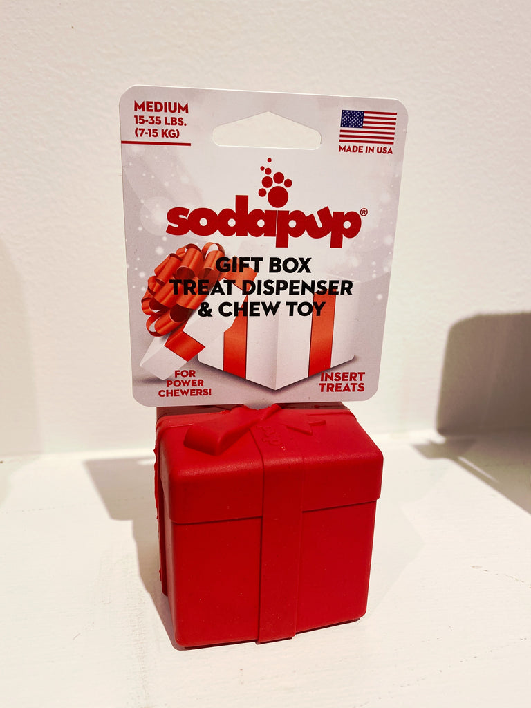 Durable Rubber Gift Box Chew Toy & Dog Treat Dispenser (Made in the USA) Play SODA PUP   