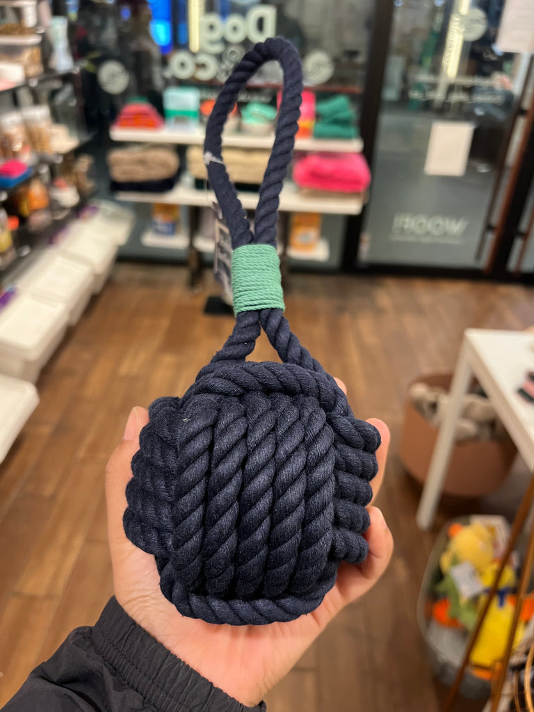 Monkey Fist Rope Dog Toy in Navy with Green Whipping (Made in the USA) Play MYSTIC KNOTWORK   