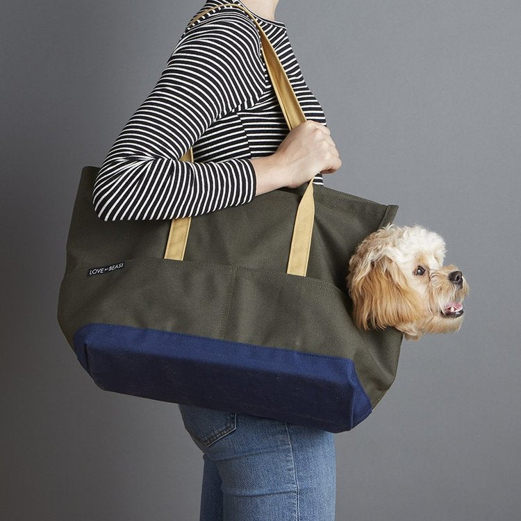 Canvas Pet Tote in Olive & Navy (Made in the USA) (Direct Ship) Carry LOVE THY BEAST   