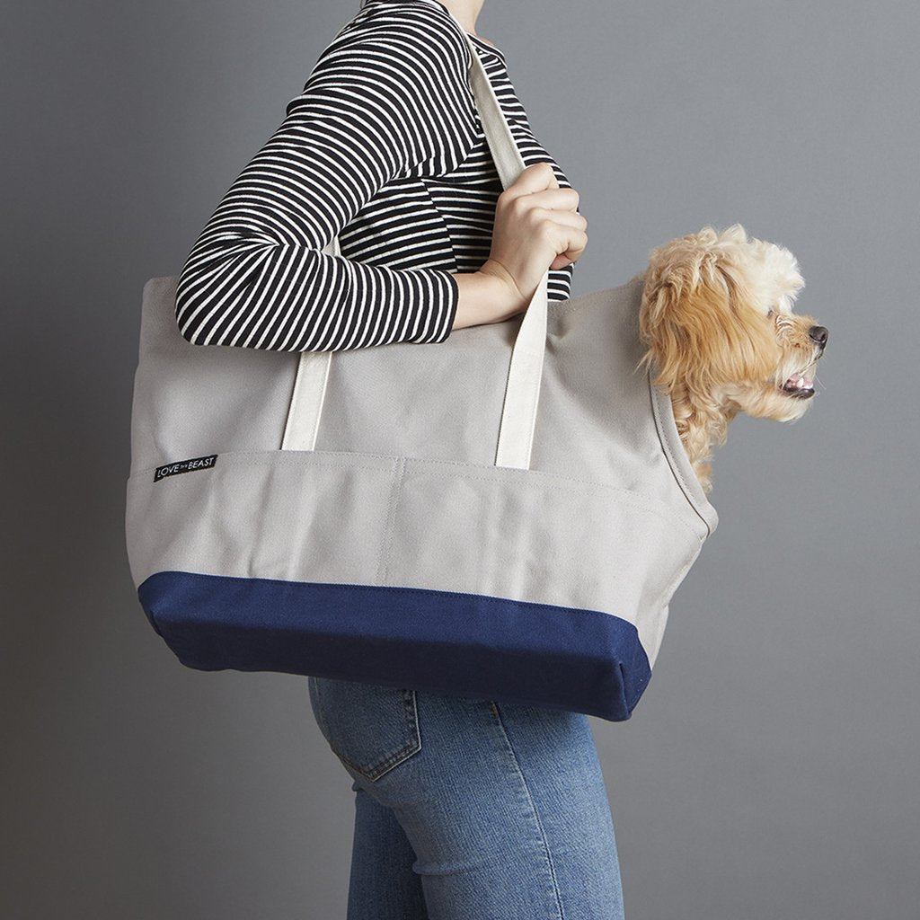 Canvas Pet Tote in Light Grey & Navy (Made in the USA) (Direct Ship) Carry LOVE THY BEAST   